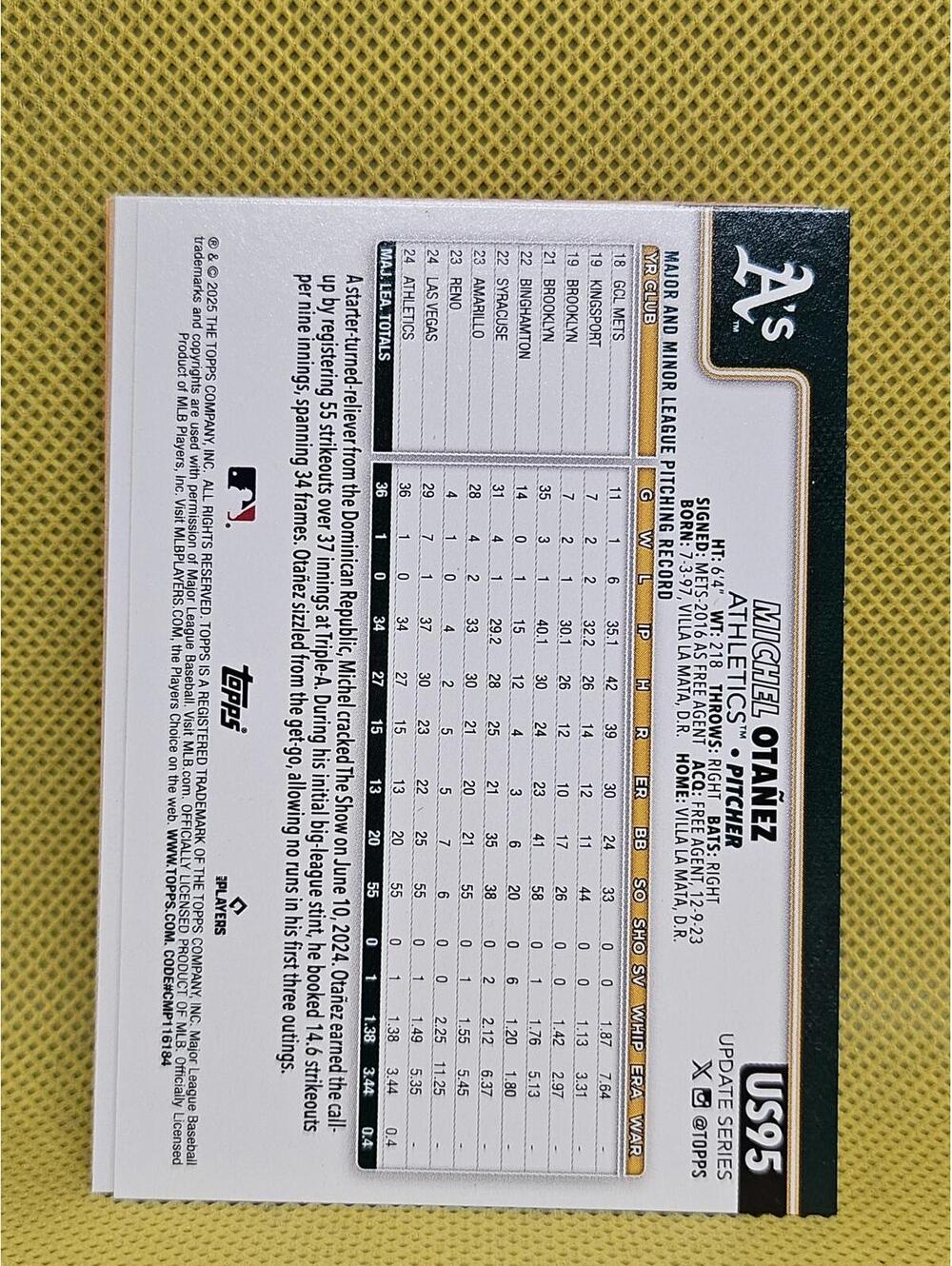 2025 Topps Update #US95 - Luis Otanez - A's - Rookie Card - Picture 2 of 2